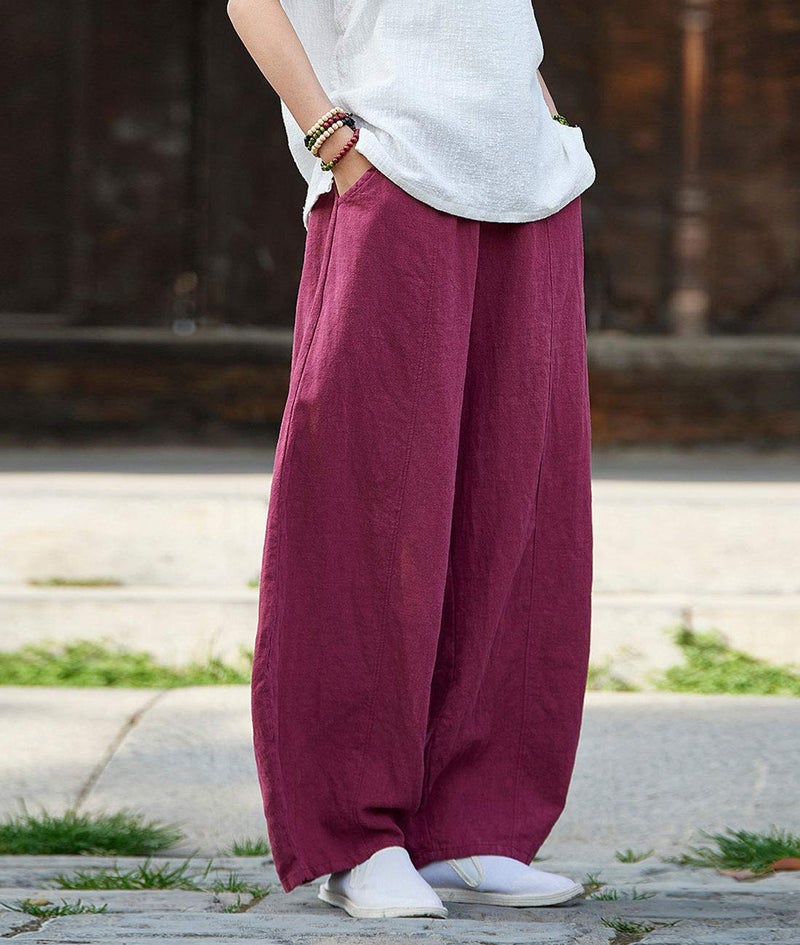 IXIMO Women's Casual Cotton Linen Baggy Pants with Elastic Waist Relax Fit Lantern Trousers Burgundy L - Image 3